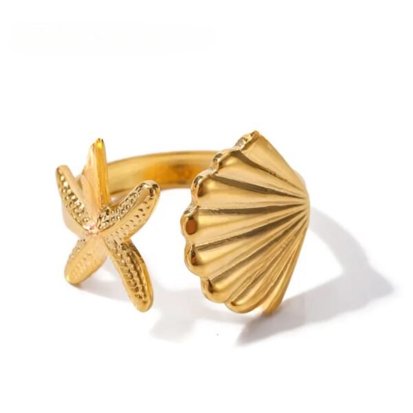 Anillo dorado estrella y concha acero inoxidable chapado en oro de 18k