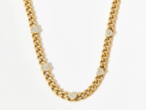 Collar dorado, eslabon cubano corazón circonia acero inoxidable chapado en oro de 18k