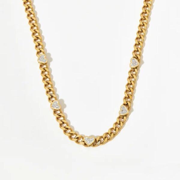 Collar dorado, eslabon cubano corazón circonia acero inoxidable chapado en oro de 18k