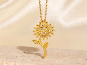 Collar dorado girasol giratorio chapada en oro de 18k