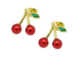 Aretes dorados cereza roja chapados en oro de 18k