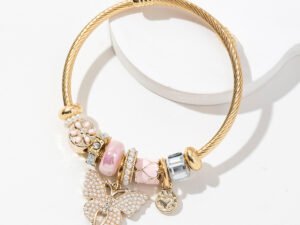 Pulsera dorada estilo pandora mariposa charms rosa acero inoxidable