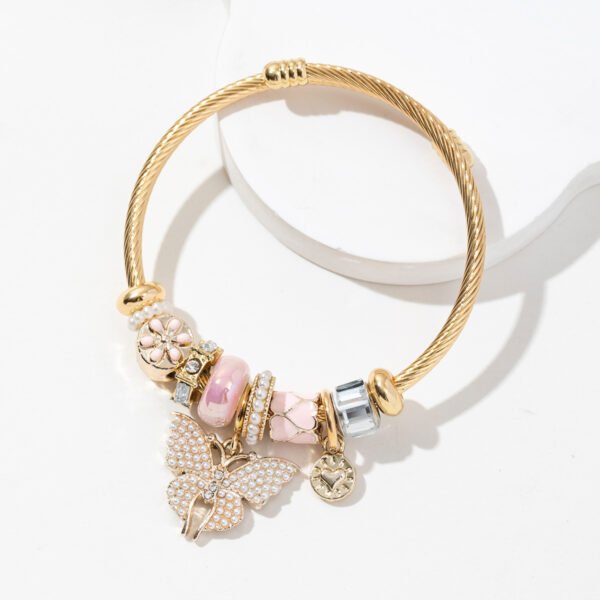 Pulsera dorada estilo pandora mariposa charms rosa acero inoxidable