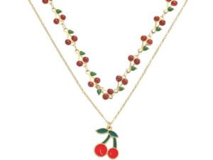 Collar dorado doble cereza acero inoxidable chapado en oro de 18k)