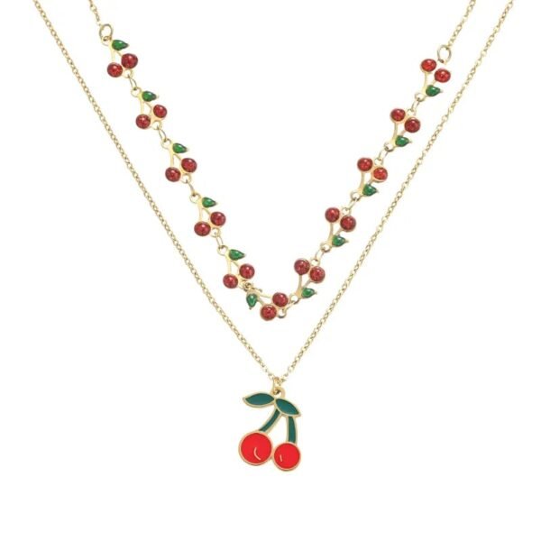 Collar dorado doble cereza acero inoxidable chapado en oro de 18k)