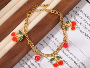 Pulsera dorada estilo cartier charms cerezas Acero Inoxidable chapado en oro de 18k