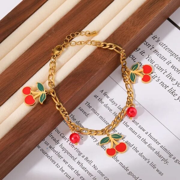 Pulsera dorada estilo cartier charms cerezas Acero Inoxidable chapado en oro de 18k