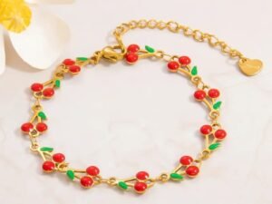 Pulsera dorada cadena cerezas Acero inoxidable chapada en oro de 18k