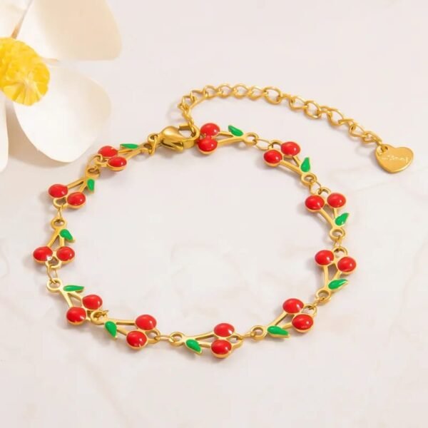 Pulsera dorada cadena cerezas Acero inoxidable chapada en oro de 18k