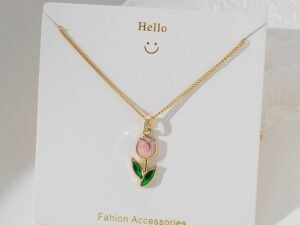 Collar dorado tulipán rosado acero inoxidable chapado en oro de 18k