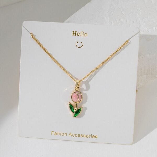 Collar dorado tulipán rosado acero inoxidable chapado en oro de 18k