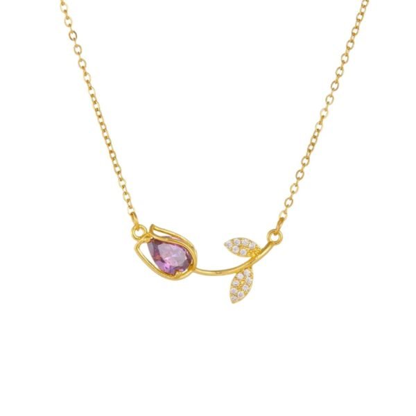 Collar dorado tulipán morado acero inoxidable chapado en oro 18k