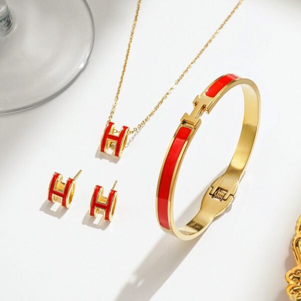 Set dorado dupe Hermés rojo acero inoxidable chapado en oro 18k