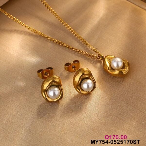 Set dorado collar con perla acero inoxidable chapado en oro18k
