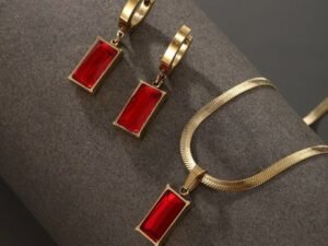 Set dorado rectangular rojo acero inoxidable chapado en oro 18k