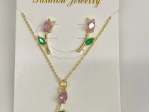 Set dorado tulipán cristal rosado Chapado en oro 18k