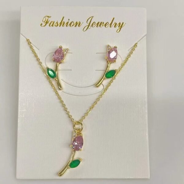 Set dorado tulipán cristal rosado Chapado en oro 18k