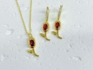 Set dorado tulipán rojo Chapado en oro 18k