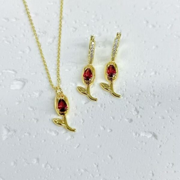 Set dorado tulipán rojo Chapado en oro 18k