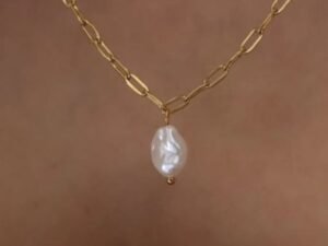 Collar dorado eslabón mediano con perla Acero inoxidable chapado en oro 18k
