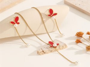 Set dorado mariposa con perla colgante Acero inoxidable