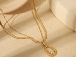 Collar dorado doble ovalo perla Acero inoxidable chapado en oro 18k