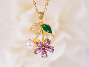 collar dorado flor lila cristal perla Acero inoxidable