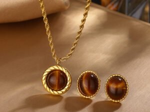 Collar dorado cadena lazo piedra cafe Acero inoxidable chapado en oro 18k