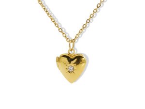 Collar relicario corazón una circonia Acero inoxidable chapado en oro 18k