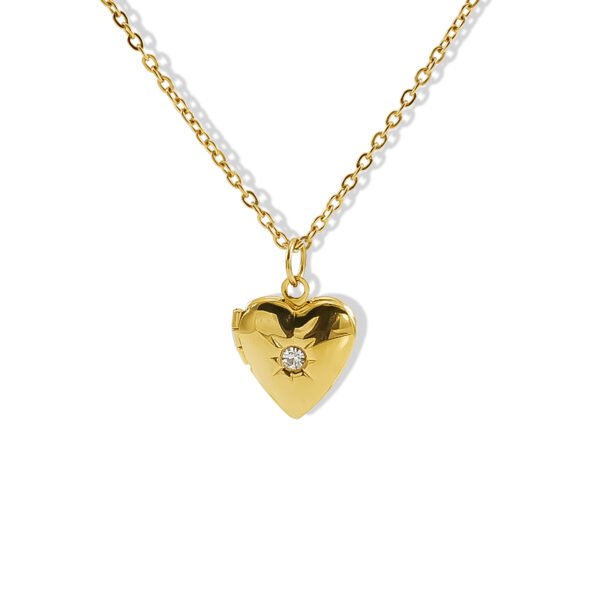 Collar relicario corazón una circonia Acero inoxidable chapado en oro 18k
