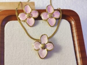 Set flor rosado cadena snake Acero inoxidable chapado en oro 18k