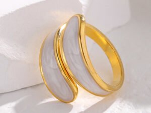 Anillo doble blanco esmaltado Acero inoxidable chapado en oro 18k