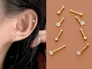 Par de piercing dorados circonia 6mm Plata de Ley 925