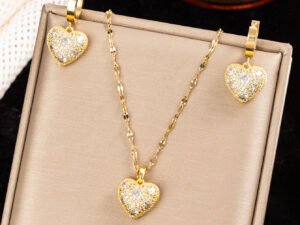Set corazon con circonias cadena tejido crispeta acero inoxidable