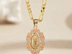 Collar Virgen flor Rosa acero inoxidable chapado en oro de 14k