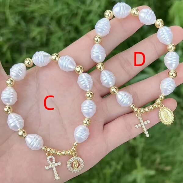 Pulsera perlas cruz y virgen acero inoxidable chapado en oro 18k