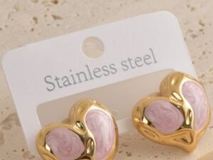 Aretes forma corazon rosado y dorado
