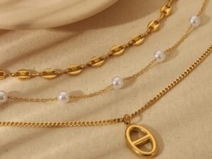 Collar triple eslabon marinero y perlas
