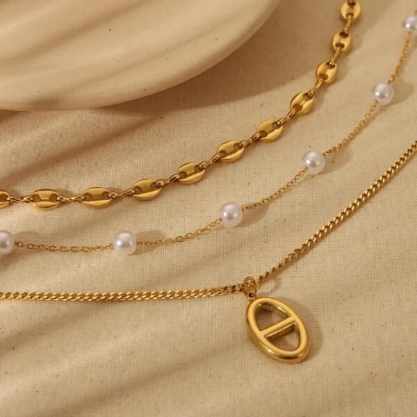 Collar triple eslabon marinero y perlas