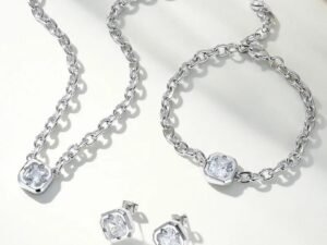 Set plateado eslabones y circonia