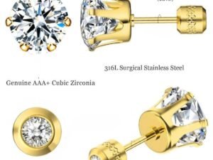 Aretes circonia cierre rosca Acero inoxidable chapado en oro de 18k