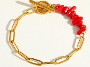 Pulsera piedras rojas eslabon paper clip acero inoxidable chapado en oro de 18k