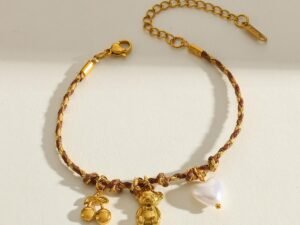 Pulsera marron oso, cereza y corazon acero inoxidable