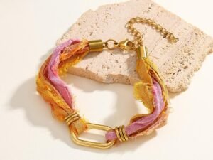 Pulsera bandana naranja rosa Acero inoxidable chapado en oro de 18k