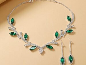 Set plateado petalos verdes fashion