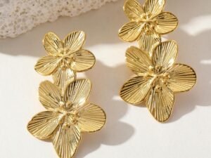 Aretes doble flor de cerezo Acero inoxidable chapado en oro 18k