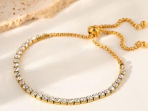 Pulsera dorada estilo tenis ajustable acero inoxidable chapado en oro de 18k