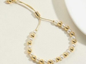 Pulsera ajustable perlas y borlas doradas chapado en oro de 18k