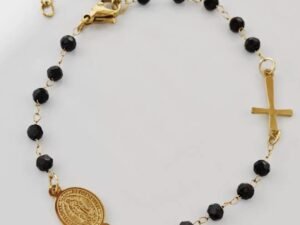 Pulsera unisex piedras negras cruz virgen acero inoxidable chapada en oro de 18k