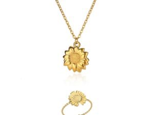 set girasol collar y anillo acero inoxidable chapado en oro de 18k